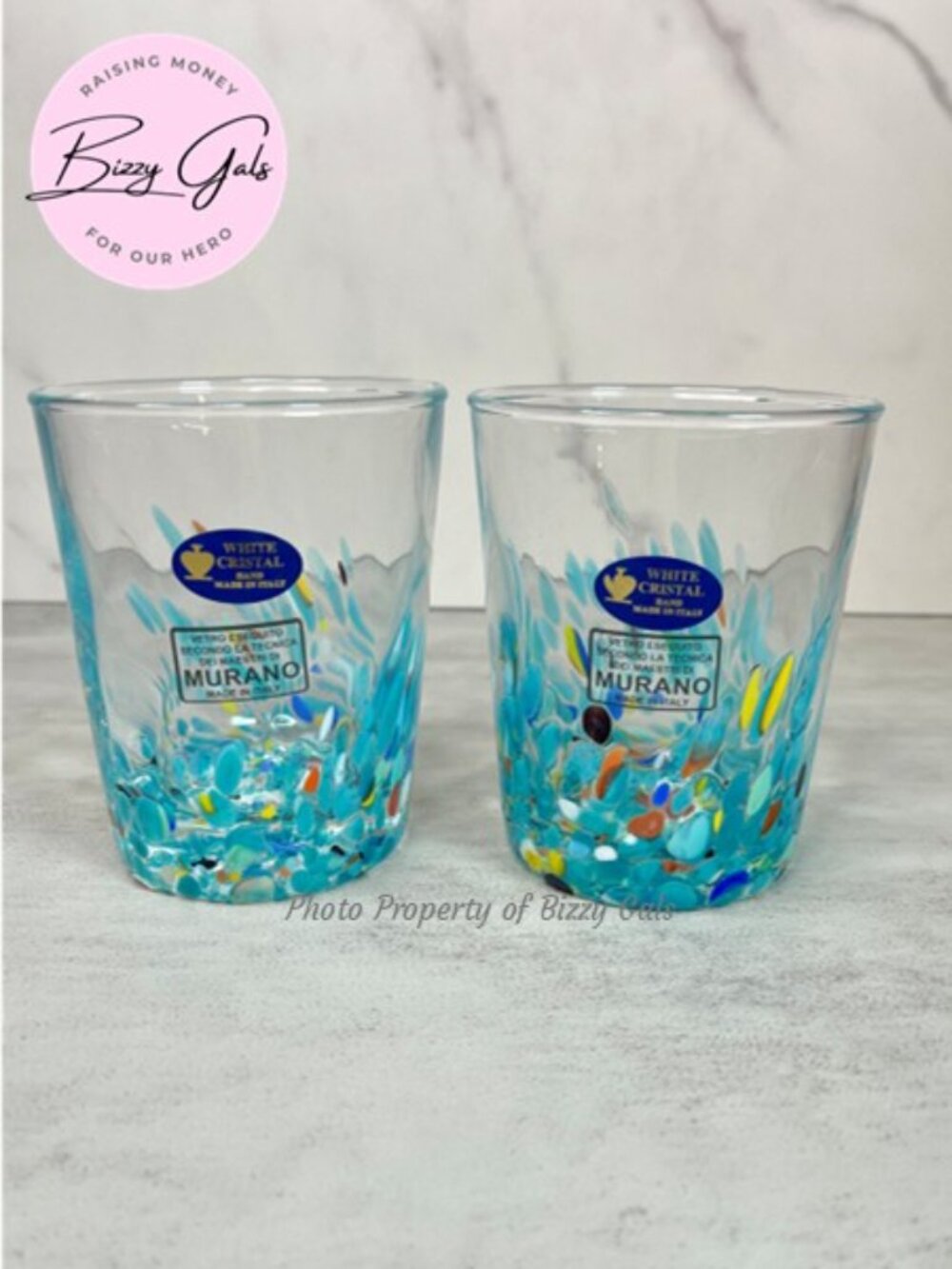 2 Murano White Cristal Turquoise Confetti Drinking Glasses
